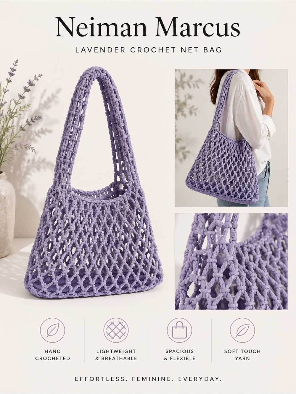 Neiman Marcus Lavender Crochet Net Bag